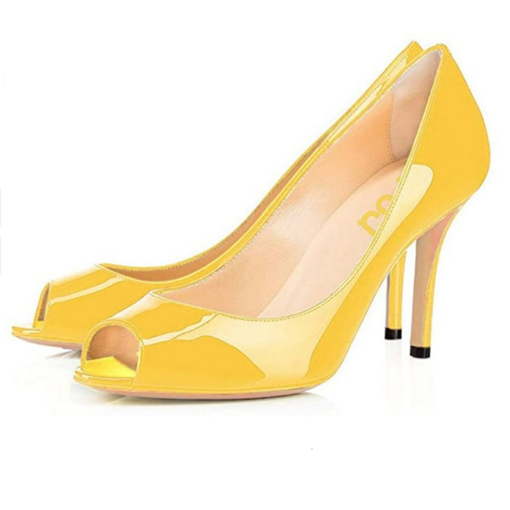 FSJ Yellow Peep Toe Formal Dress Shoes Glossy Pump, Narrow